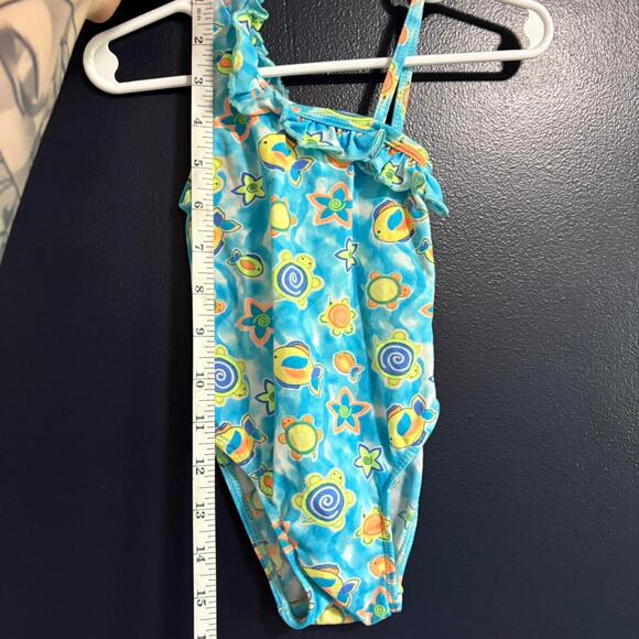 Vintage 90s One Piece Swimsuit Vibrant Neon Ruffle with Turtles Fish 12-18M - Picture 4 of 4